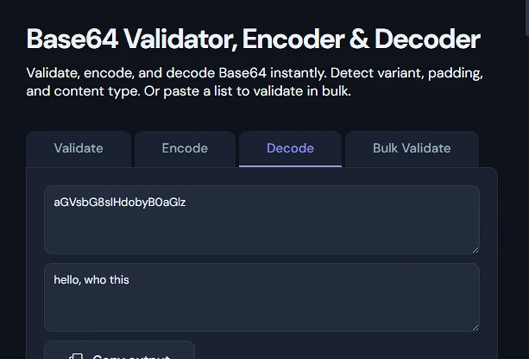 Base64 Validator tool in action
