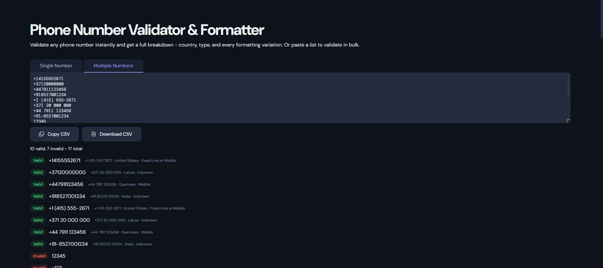 Phone Number Formatter output