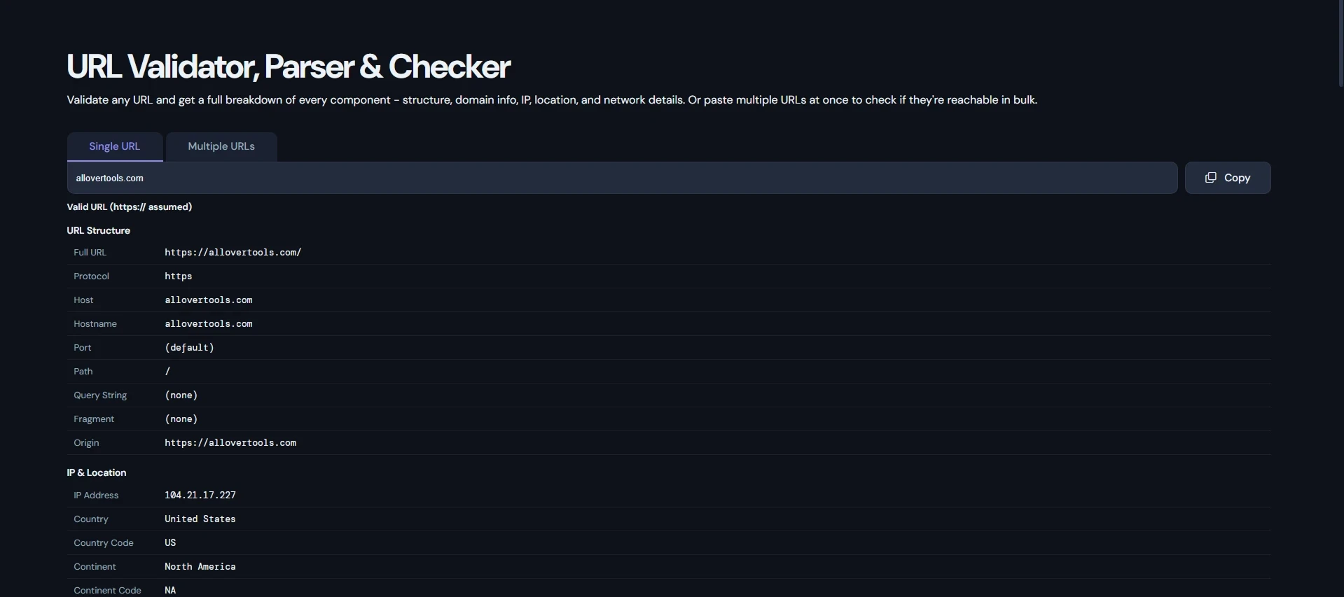 URL Validator tool in action