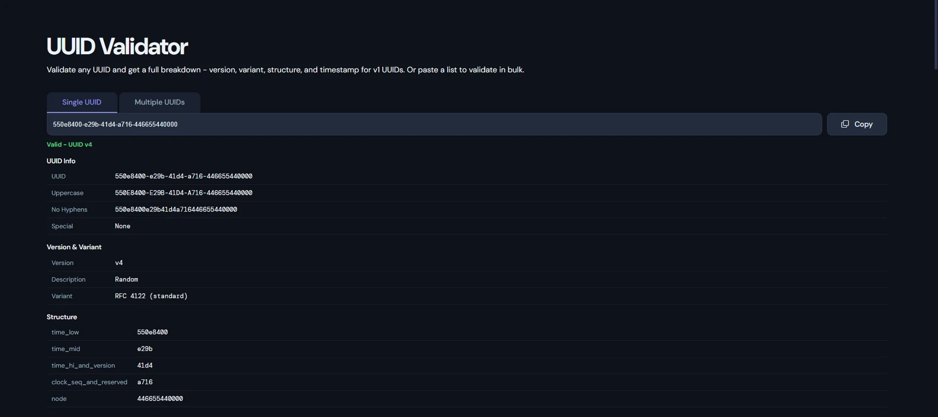 UUID Validator tool in action