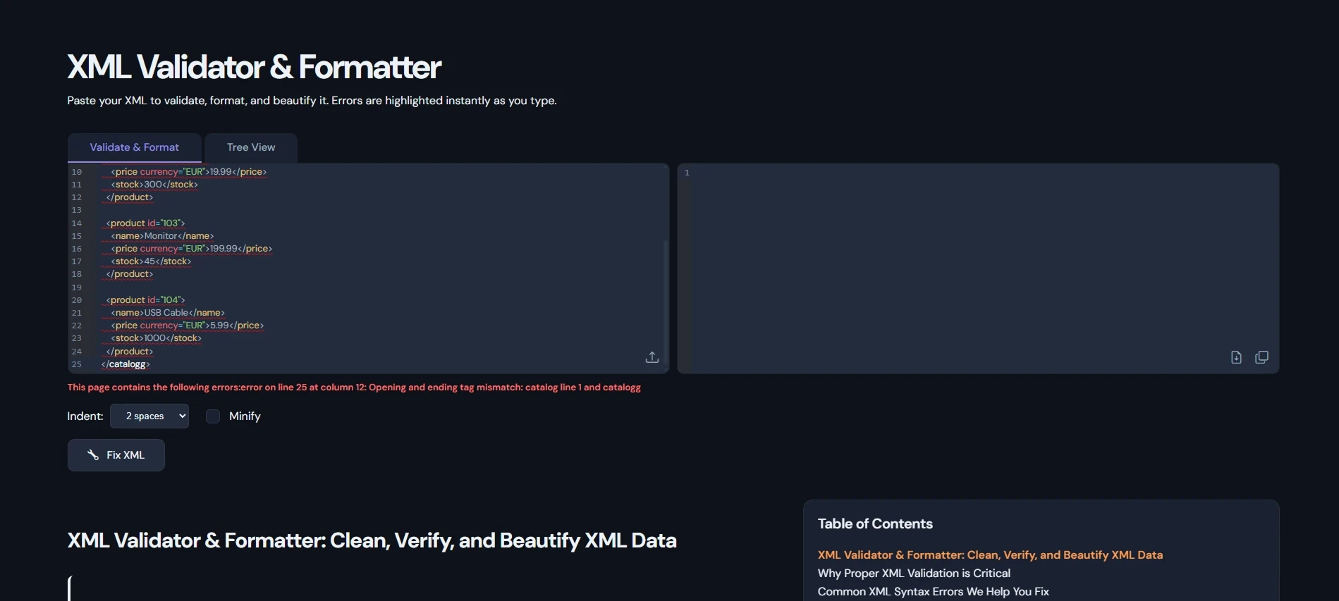 XML Validator tool in action